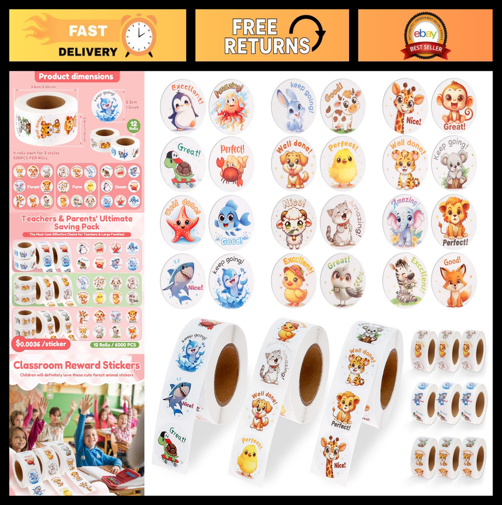 6000PCS Cute Animal Stickers for Kids, 12 Rolls Classroom Reward Stickers, 24 De