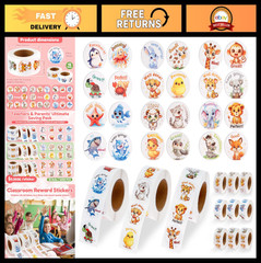 6000PCS Cute Animal Stickers for Kids, 12 Rolls Classroom Reward Stickers, 24 De