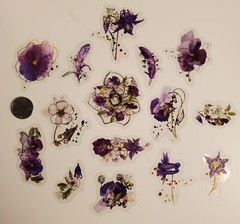 Purple Floral stickers – 30 stickers – 2 ea of 15 images with gold accents