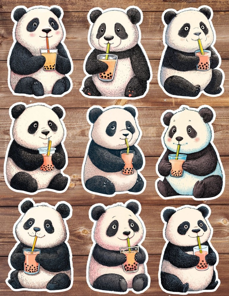 Boba Drinking Panda Die Cut Vinyl Stickers Set Scrapbooking Laptop Water Bottle