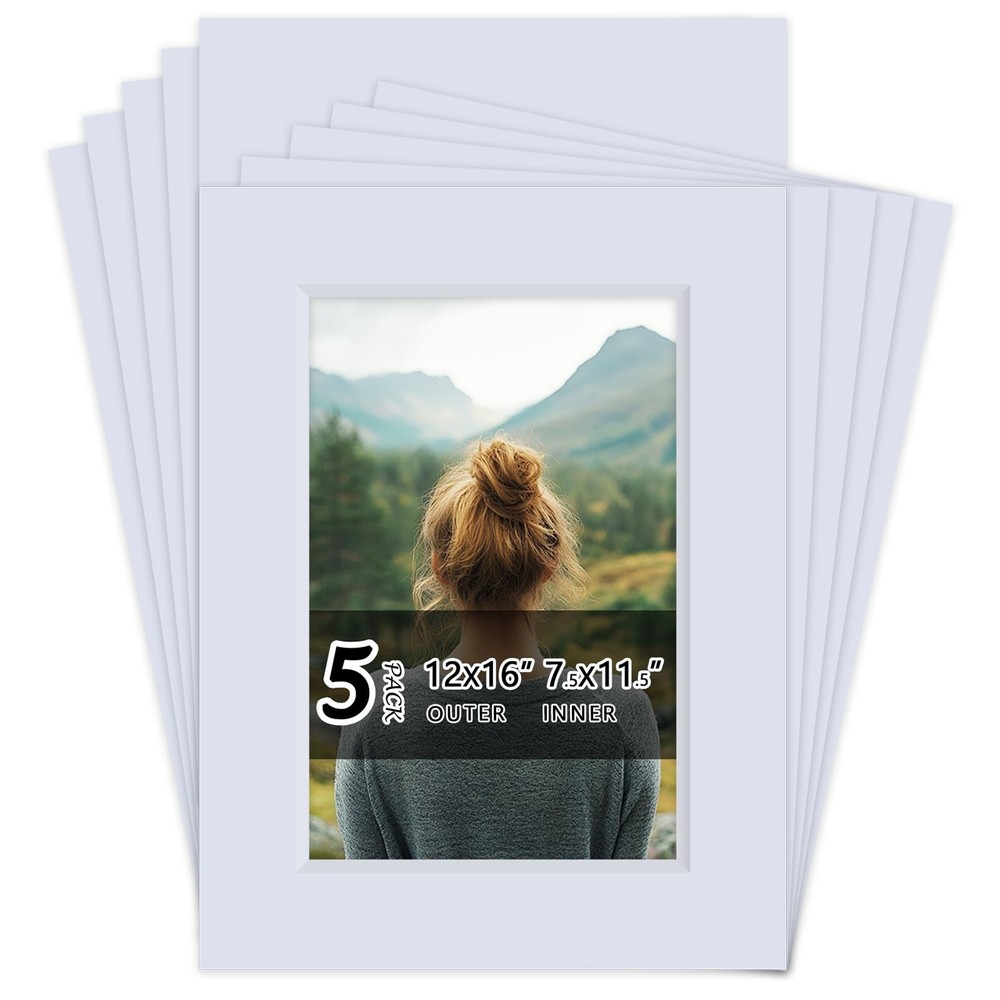 5 PCS 12×16 Inch White Picture Mats Board Kit Fits 8×12 Inch Photos 4Ply