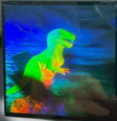 1992 HOLO T-REX STICKER with PTERODACTYL in BACKGROUND-GREAT DEPTH-GREAT COLORS