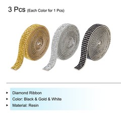 3Roll 3 Yards 8mm Diamond Ribbon Black,Gold,White