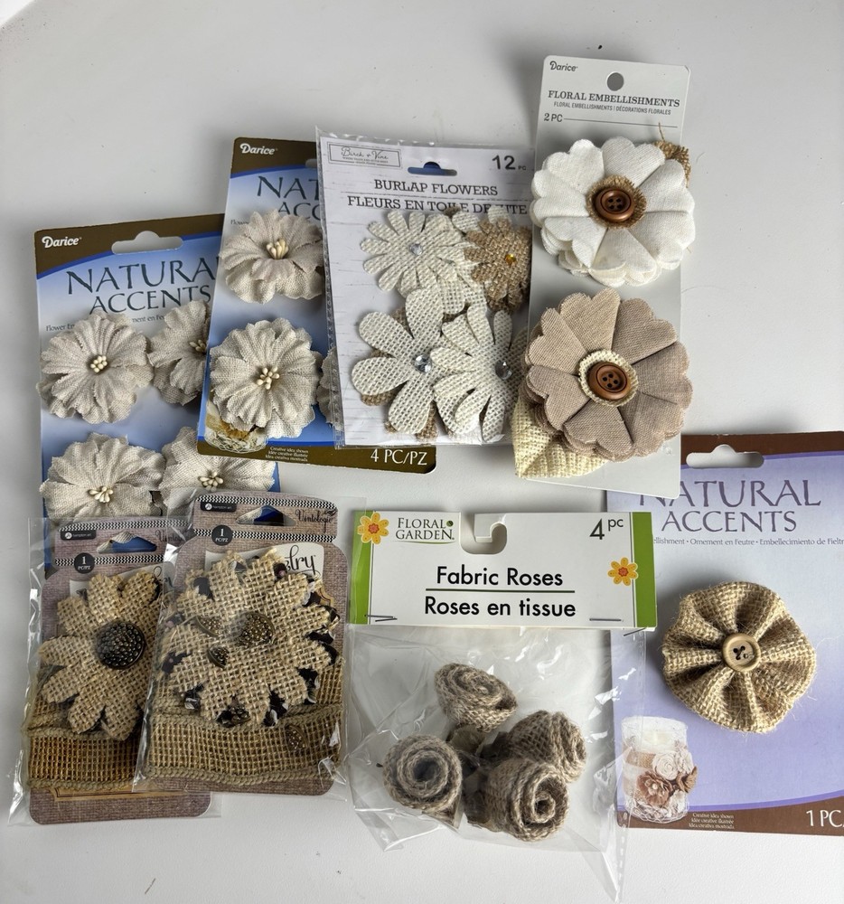 Rustic Burlap Fabric Flowers Mixed Lot Farmhouse Neutral Natural Accents