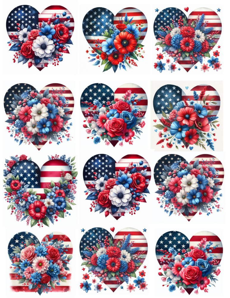 Set of 12 – 4th of July American Flag Heart Crafting STICKERS – Just Cut & Use!