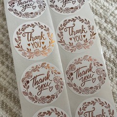 36 Rose Gold Thank You Stickers, 1” Round Floral Foil Labels, Envelope Seals