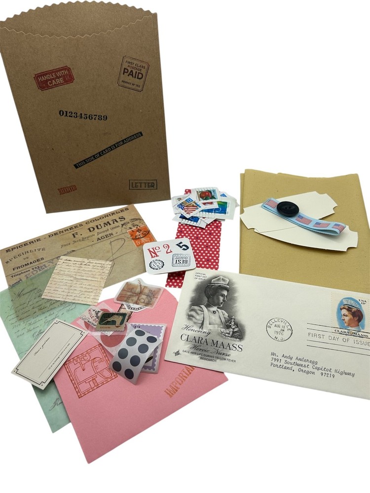 Mini Ephemera Pack – Vintage Postal Theme w/ FDC, Stamps, Tags, Scrap Bits