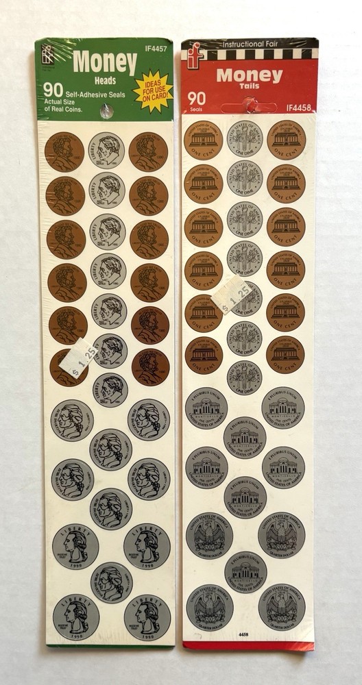2 Packs Brand New Sealed Instructional Fair Money Heads And Tails Stickers