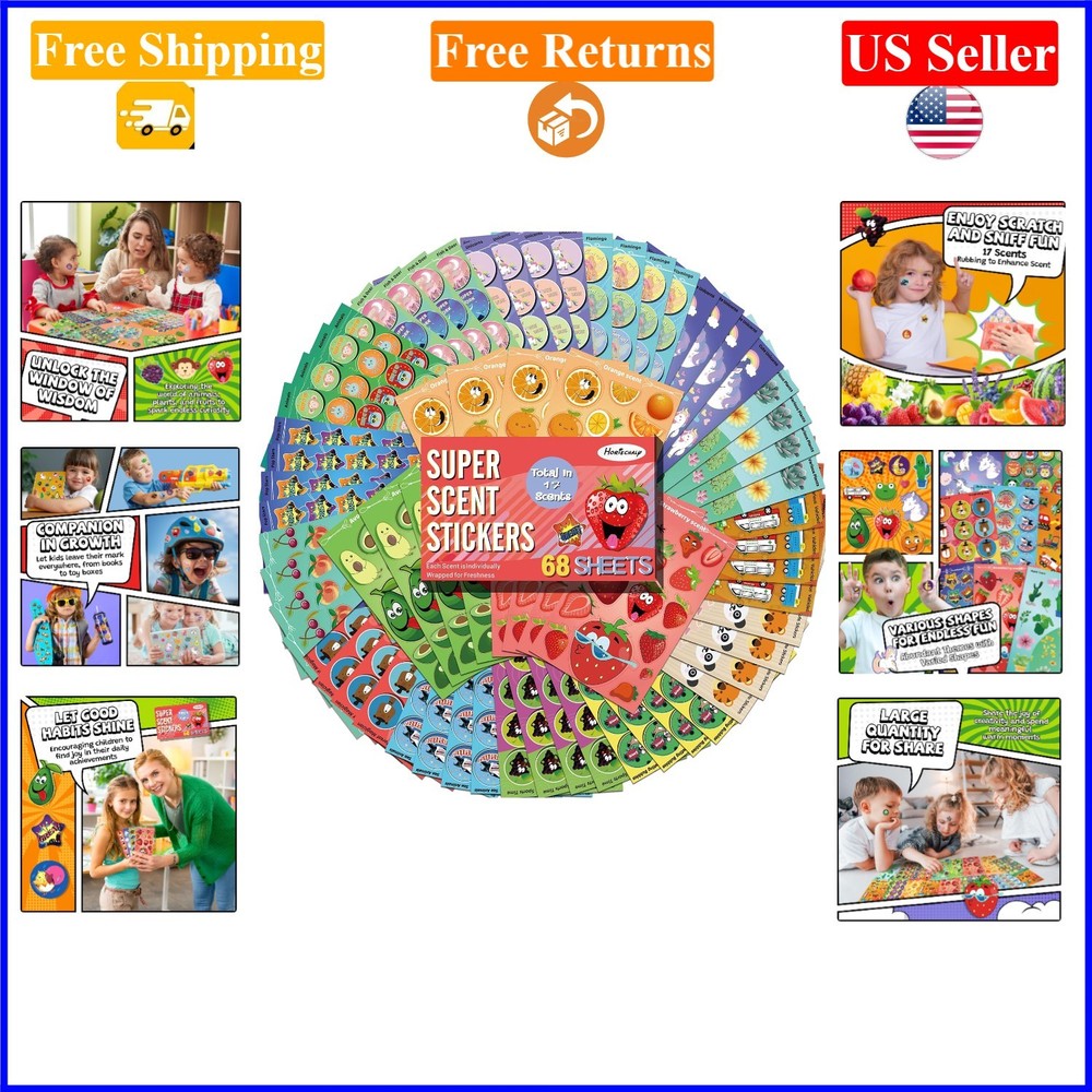 68 Sheets Colorful Scented Scratch & Sniff Stickers with 17 Food & Floral Scents