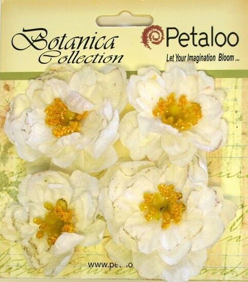 RUFFLED PEONY – WHITE – 45 to 50mm x 4 Flowers with Centre FABRIC Petaloo A1