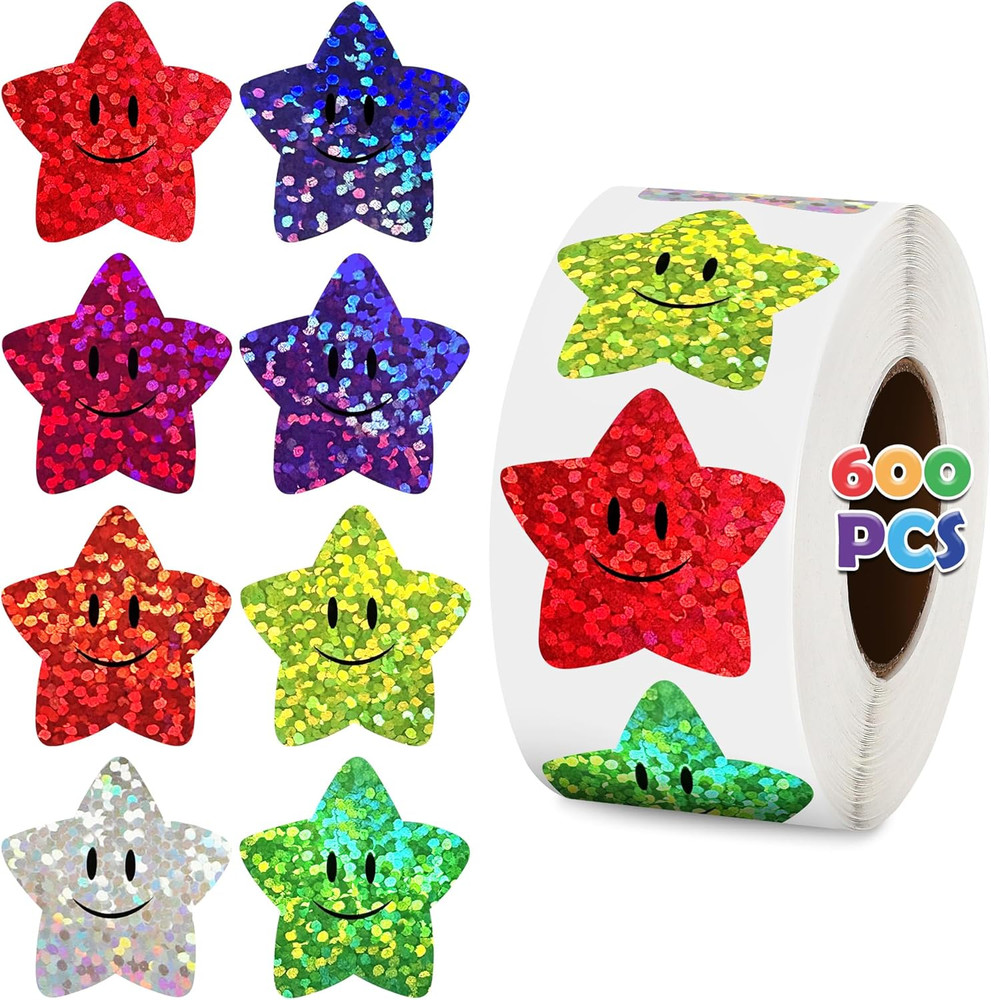 600Pcs Smile Face Star Stickers, 1 in 8 Colors of Teacher Supplies for Prizes, G
