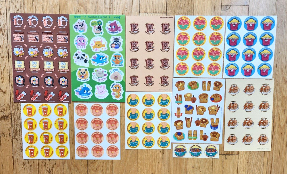 BREAKFAST THEMED 146 SNIFF Stickers ORANGE Breakfast Cereal BACON Cinnamon Rolls