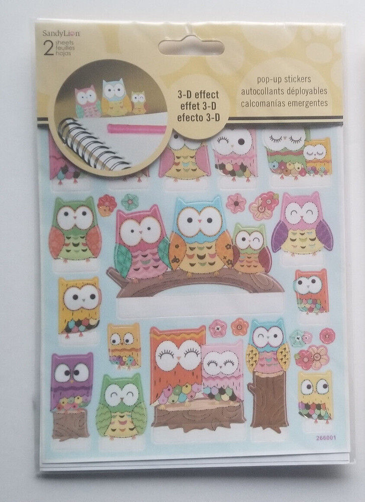 SandyLion Pop-Up Stand Up Sticker Pack 3D Effect Owls & Flowers Unique 2 Sheets
