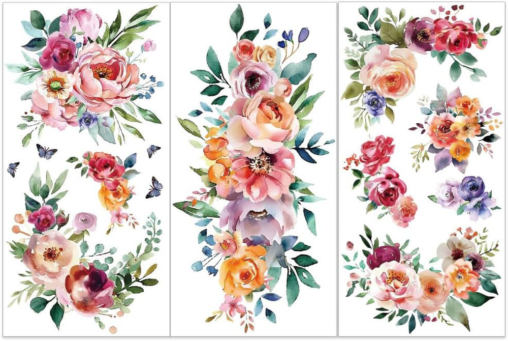 3Pcs/Set Watercolor Flower Rub on Transfers for Furniture and Crafts 6X12 Inch R