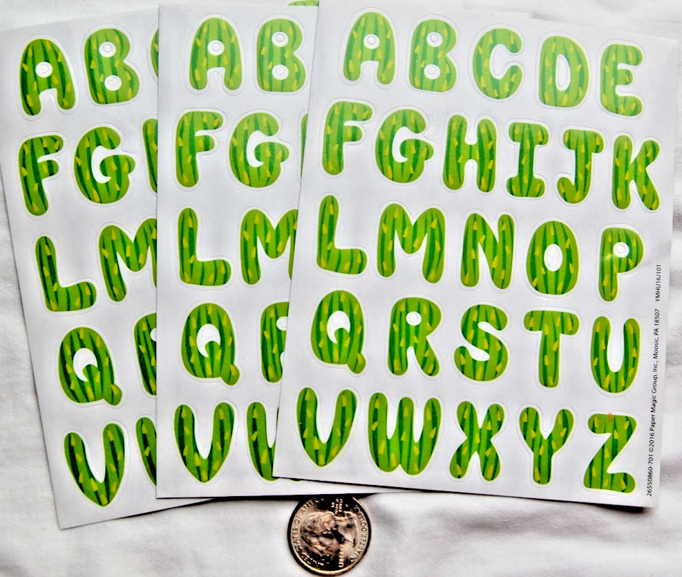 paper magic stickers 3 sheets Green alphabet ABC letters Cactus watermelon