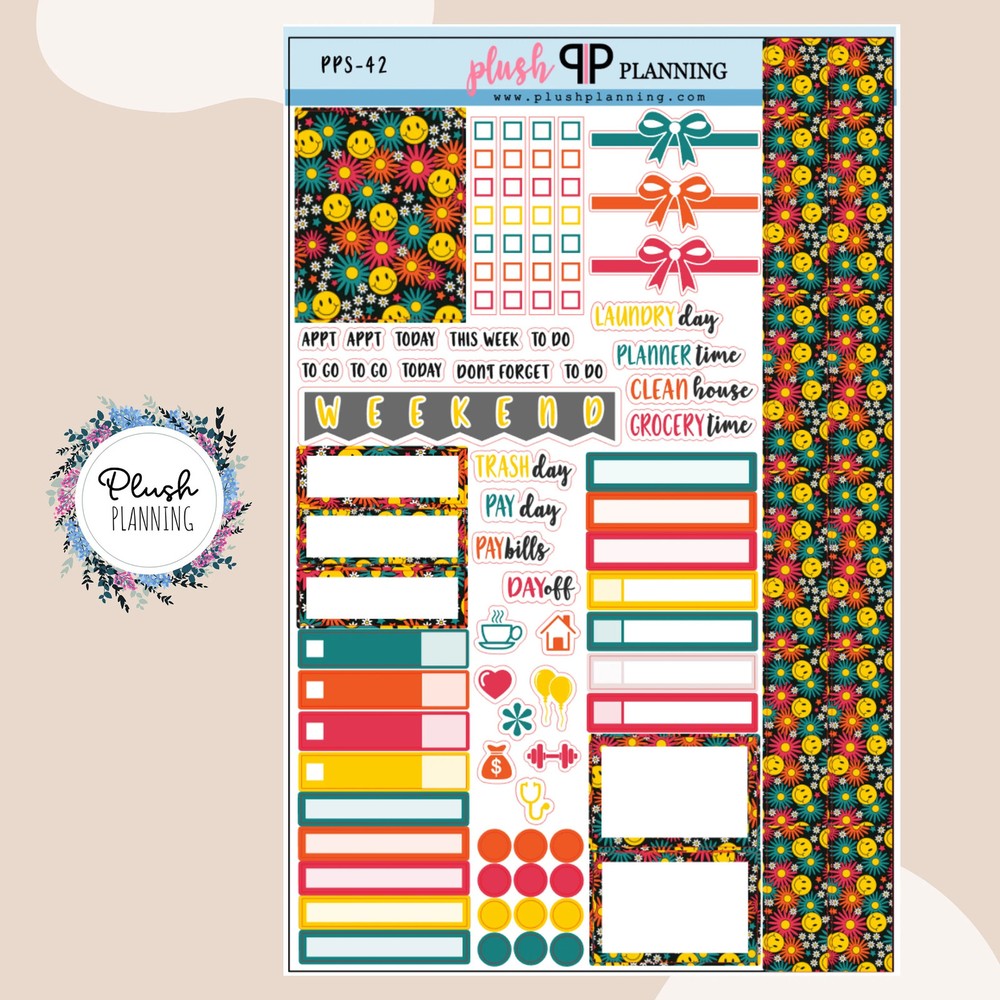 Smiley and Flowers Planner Stickers, Smiley Face Pattern, Floral Pattern