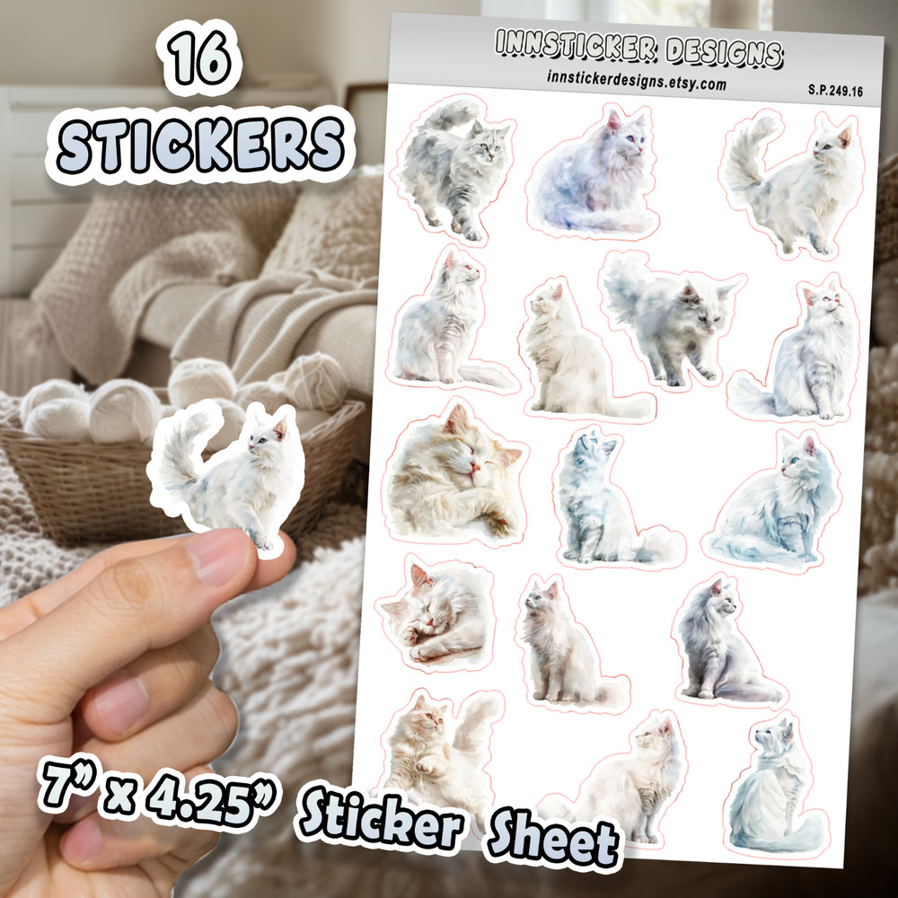 Turkish Angora Cat Stickers, for Journals, Scrapbooks, Planners, Glossy, Matte