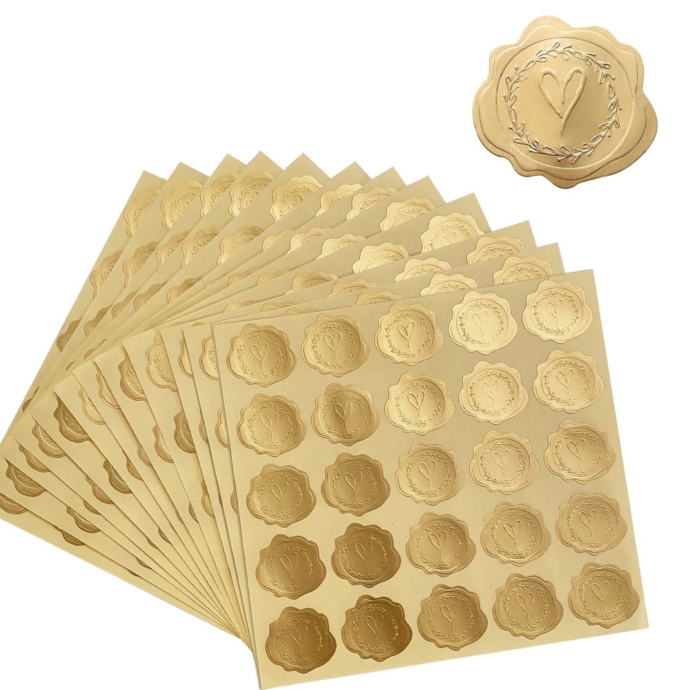 Gold Embossed Wax Seal Looking Heart Envelope Seals for Wedding Invitations