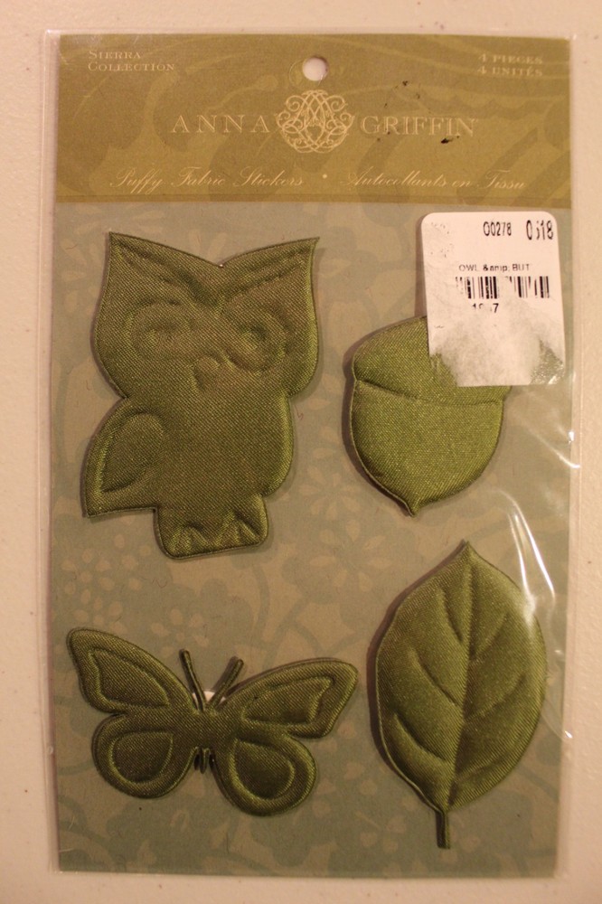 New Anna Griffin scrapbook stickers FALL owl acorn butterfly leaf green puffy