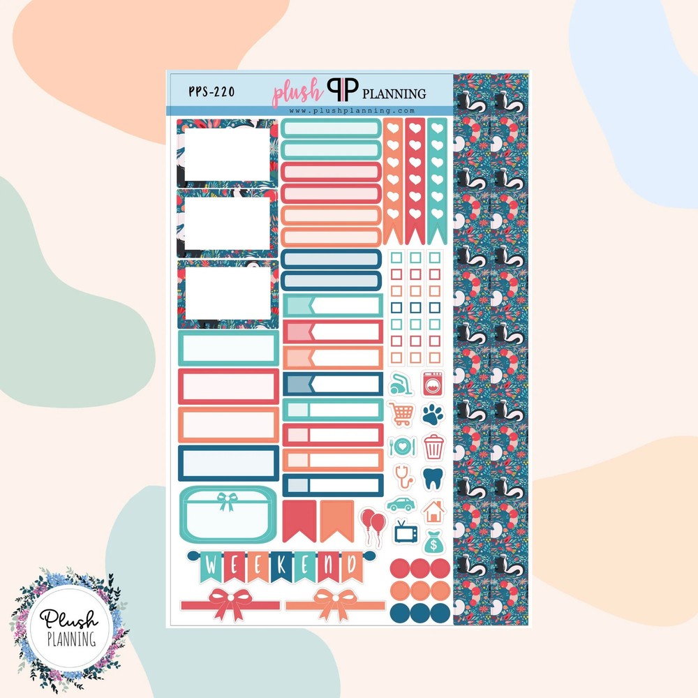 Kawaii Skunk Floral Pattern Planner Stickers Sampler, Floral Pattern, Kawaii