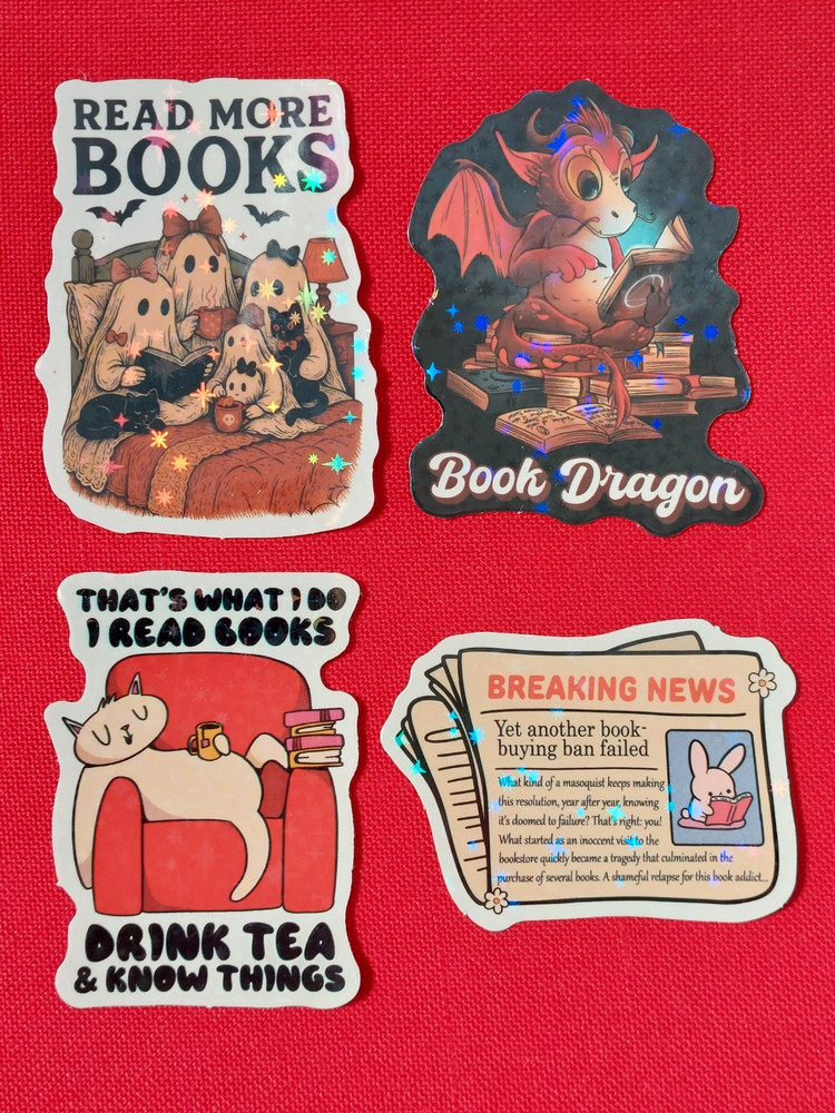 4 Holographic Stickers Reading Books Book Lover Bibliophile Cat Ghosts Dragon