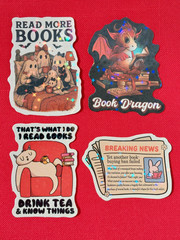 4 Holographic Stickers Reading Books Book Lover Bibliophile Cat Ghosts Dragon