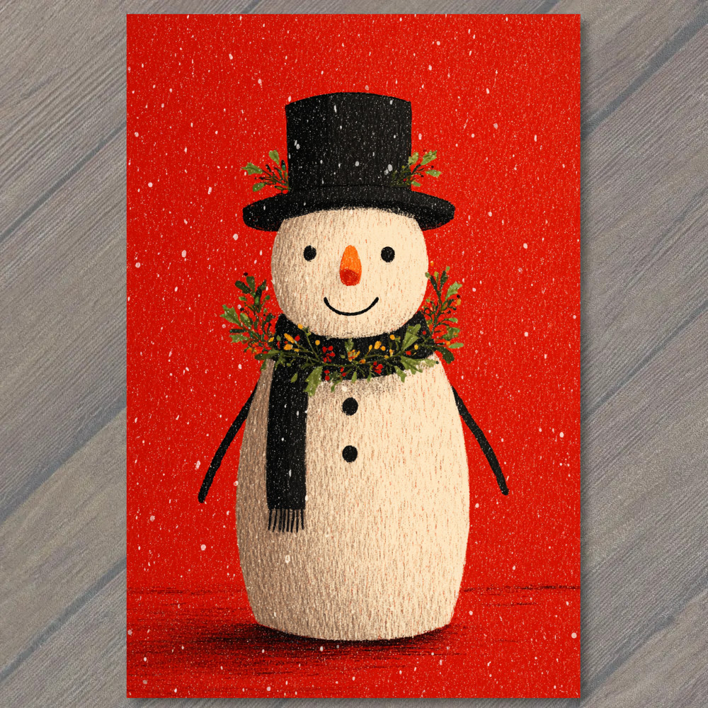 STICKER Snowman Red Background Black Scarf Top Hat Carrot Nose Green Wreath Fe