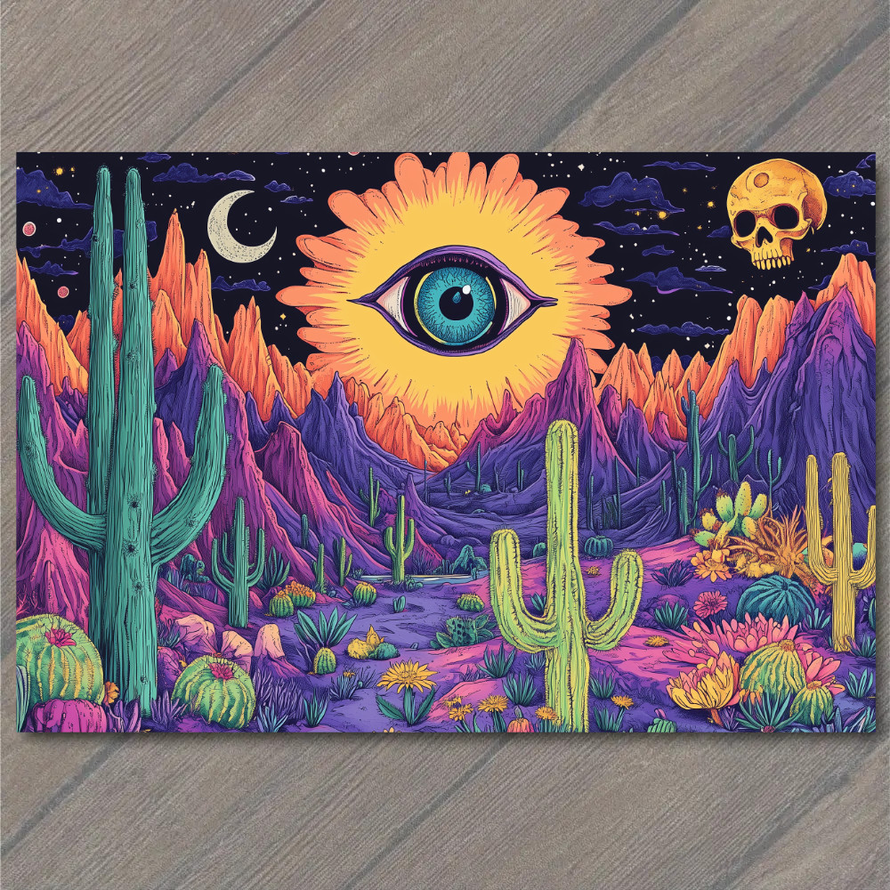 STICKER Cactus Desert Eye Sun Trippy Surreal Art Sky Mountains Pink Green