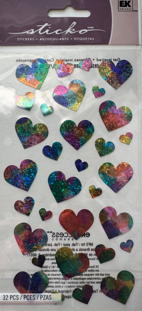 Sticko Stickers Vellum PASTEL HEARTS Holographic Scrapbook EK Success SPMT03