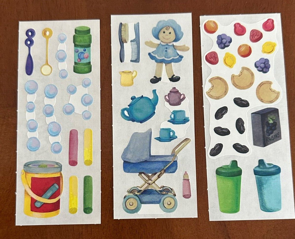 3 Rare Creative Memories TODDLER Sticker Strips 2×5″ CHALK~Cookies~BUBBLES~ Doll
