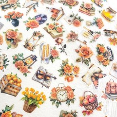 50 PCS Vintage Orange Rose Floral Scrapbook Stickers, Clear Watercolor Fall A…