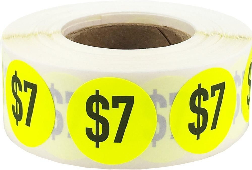 $7 Price Stickers Fluorescent Yellow .75 Inch Round Circle Dots 500 Total Adh…
