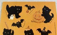 Vintage Hallmark Stickers Halloween Fuzzy Black Cats Ghost Pumpkin Bat 1 Sheet