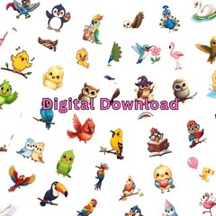 60 Cute Bird Digital Stickers Bundle | Printable Kawaii Animal Digital Download