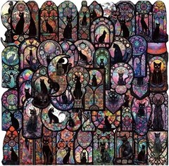 50 Black Cat Stickers Pack Stained Glass Gothic Fantasy Feline Vinyl Cat Decals