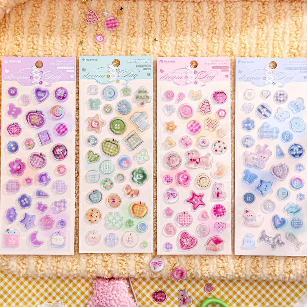 Cute 3D Stickers Vintage Style Simple Illustration Sticker Sheet Set of 4 Fresh