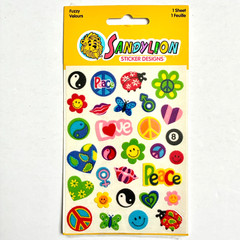 Sandylion Fuzzy Peace Stickers Ladybug Hearts Love Hippie 1 Sheet Sealed Vintage