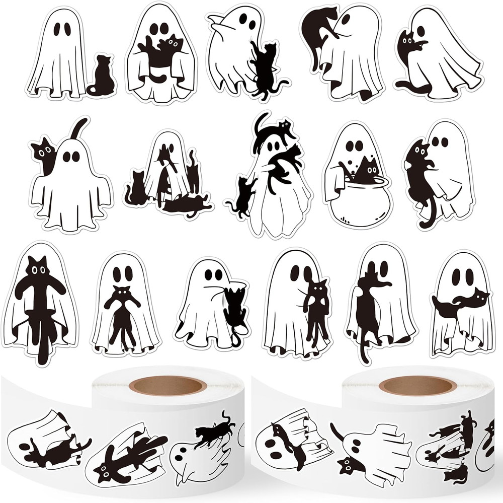 1000 Halloween Ghost Holding Cat Sticker Rolls (2 Rolls), 16 Designs Decals