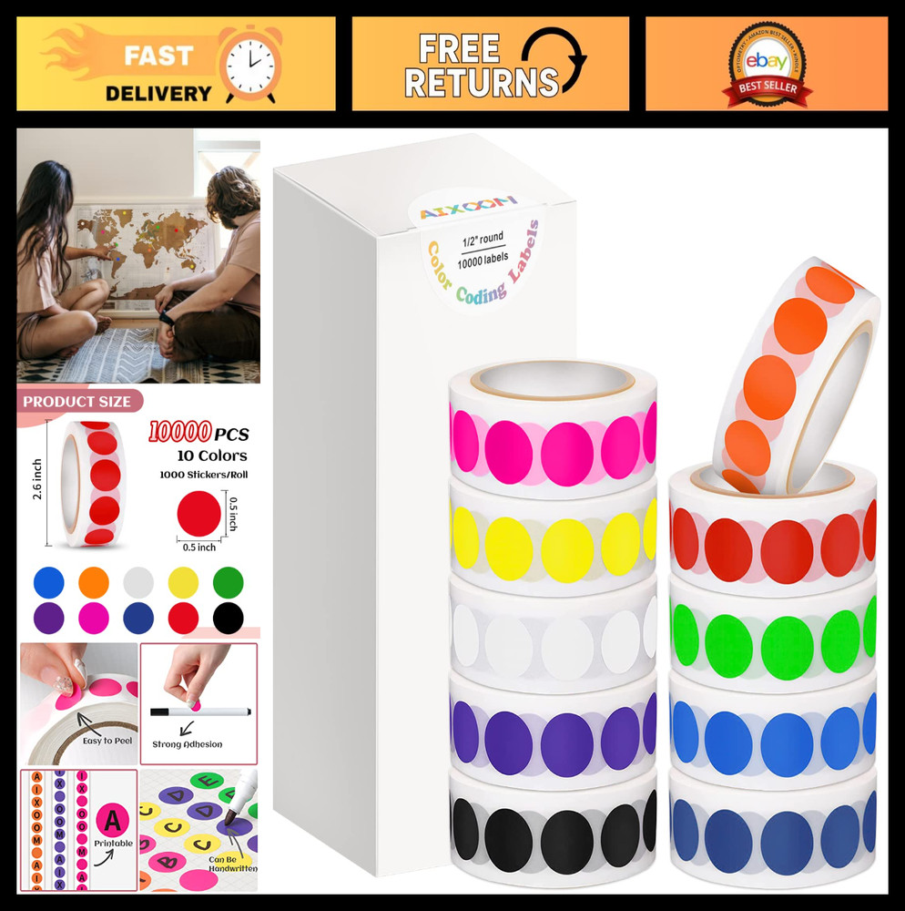 10,000 Color Coding Labels – 1/2″ Round Dot Stickers for Home Office Classroom –