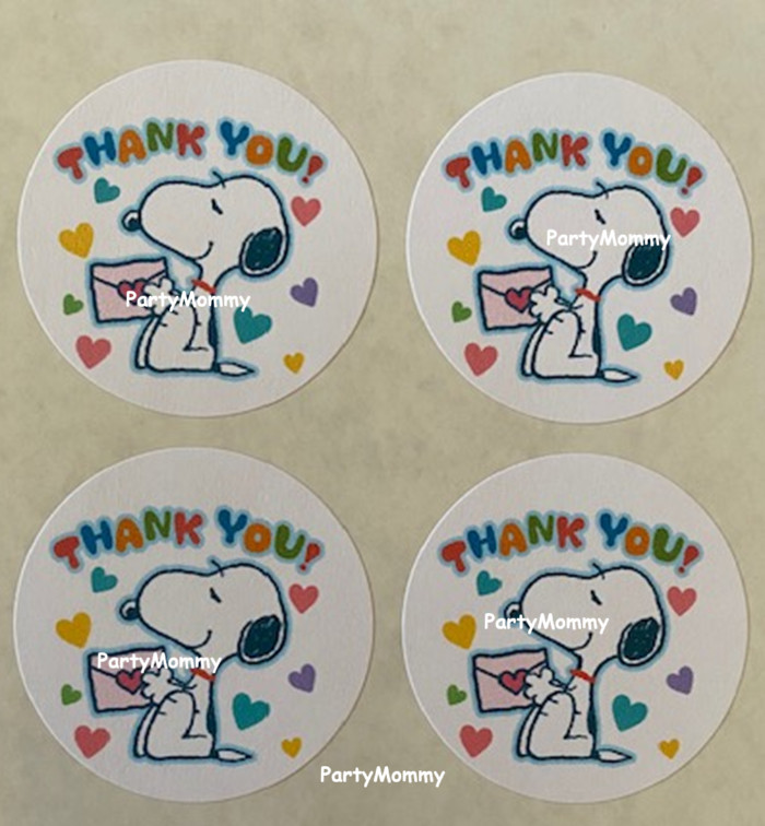 SNOOPY THANK YOU STICKERS, ENVELOPE SEALS, LABELS, 1.5″, (30) ROUND, TAGS