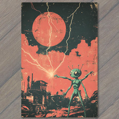 STICKER Alien Lightning Factory Moon Red Sky Strange Creature Industrial SciFi