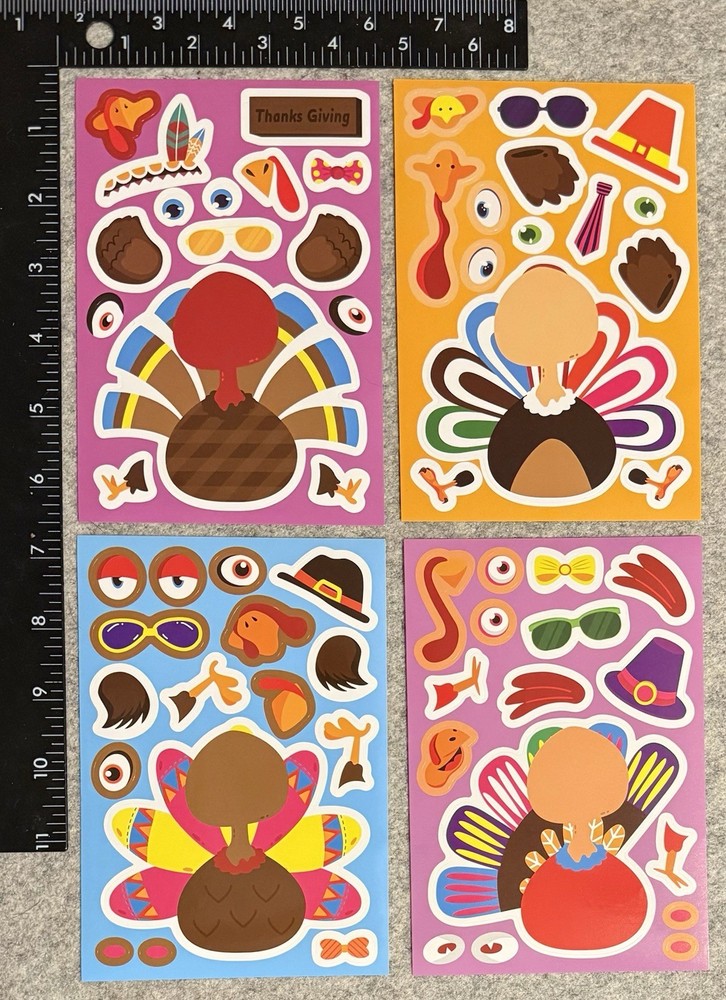Lot of 4 Sheets Turkey Thanksgiving Face Paper Doll Stickers