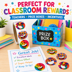 500 Funky Smile Face Stickers 1.5″ Roll Classroom Rewards Party Favors