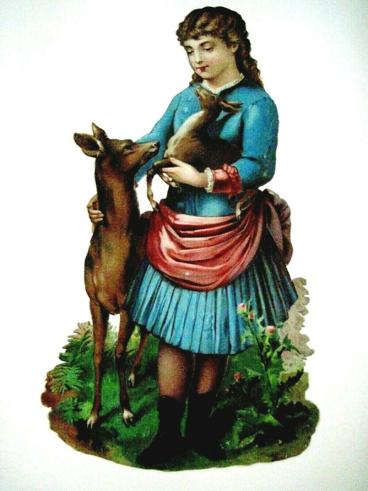 Adorable Large Vintage Die Cut of 1800’s Girl w/ Mother Deer & Fawn *