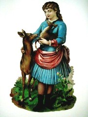 Adorable Large Vintage Die Cut of 1800’s Girl w/ Mother Deer & Fawn *