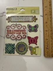 Studio112 7PC Flourish Adhesive Chipboard Happiness Beautiful Butterfly Plaques