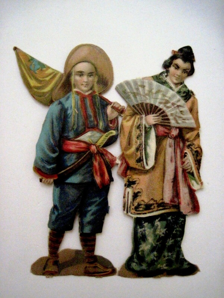 Charming Vintage Die Cut Of Asian Man & Woman In Traditional Costumes *