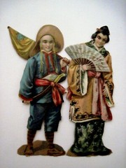 Charming Vintage Die Cut Of Asian Man & Woman In Traditional Costumes *