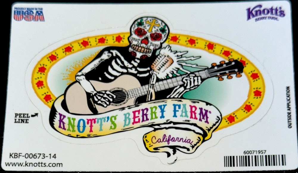 KNOTT’S BERRY FARM SKULL STICKER✨🌺💀🌺✨3 3/4” X 2 3/4”✨PARTY✨🎸✨ MUSIC✨💛❤️💫