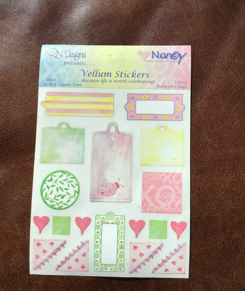 LARGE 4 X 6″ NRN STICKERS: VELLUM BABY GIRL TAGS HEARTS *